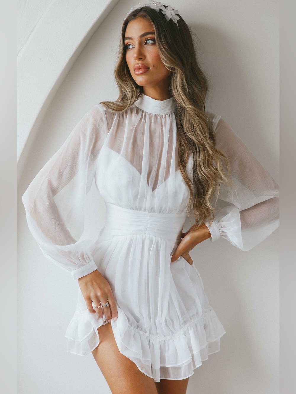 Selfie Leslie Mandalay White Sheer High Neck Ruffle Mini Dress Womens XL New NWT